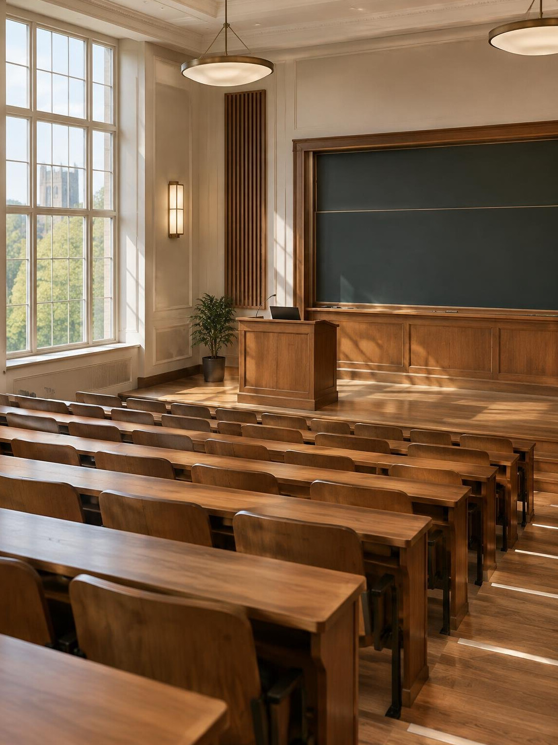 Quiet empty lecture hall with wooden seating and a lectern